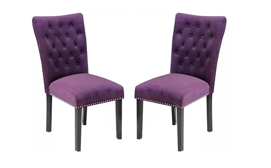 LSGF High Back Wooden Dining Chair Velvet Fabric with Designer Quilting Back (Purple, Set of 2 Chairs)