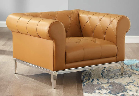 LSGF Unique Design Idyll accent chair Armchair Solid Sagwan Wooden Frame With Stainless Steel Base Single Sofa Chair for Small Apartments, Living Room or Bedroom (1 Chair, Brown)