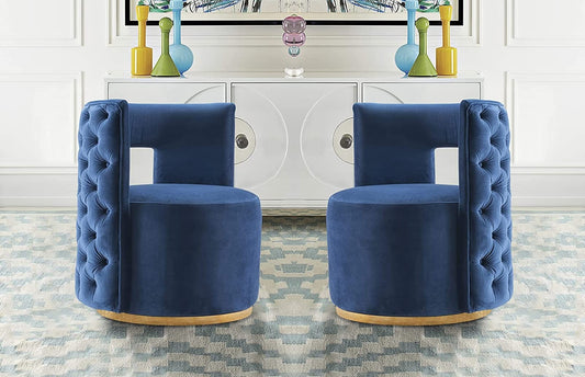 LSGF Unique Design True Innovations Deep Button Tufted Velvet Swivel 360 Degree accent chair Armchair Cotton Single Sofa Chair for Small Apartments, Living Room or Bedroom (Set Of 2 Chairs, Navy)