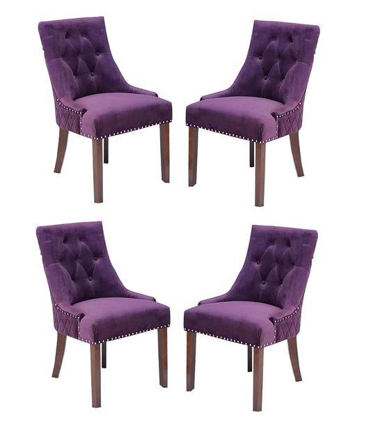 LSGF High Back Wooden Dining Chair with Designer Quilting (Purple, Set of 4 Chairs)