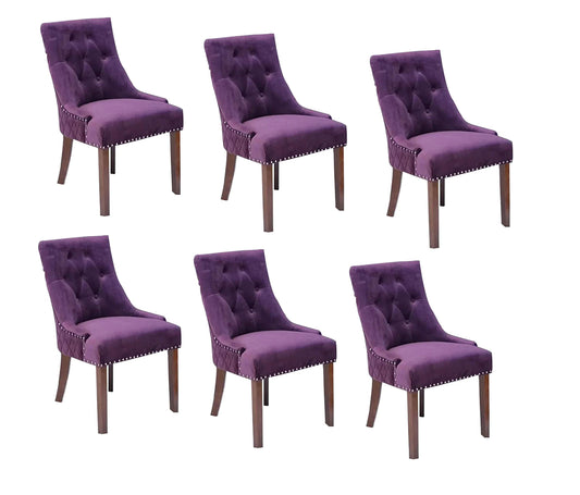 LSGF High Back Wooden Dining Chair with Designer Quilting (Purple, Set of 6 Chairs)